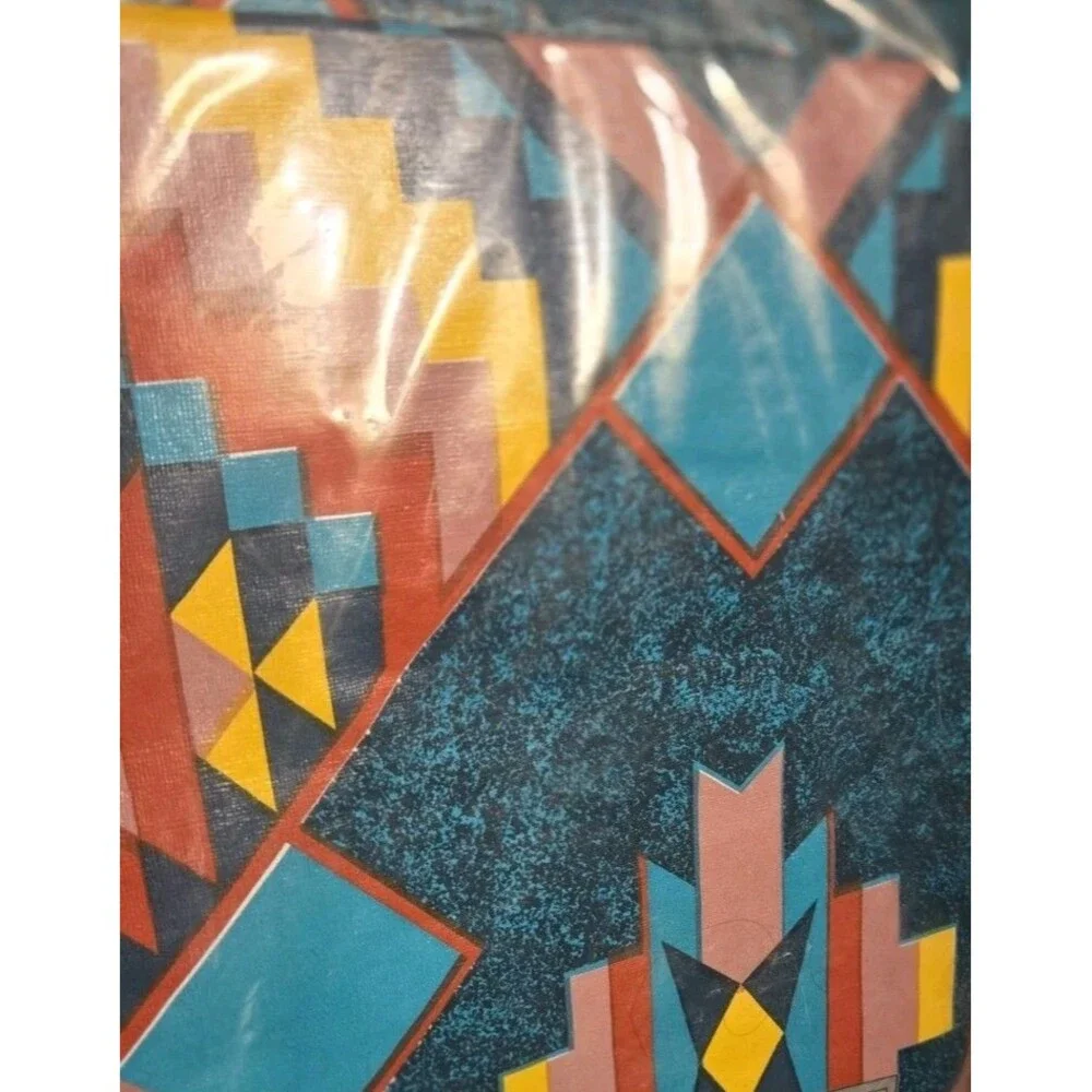Vintage 90s Green HomeTrends Aztec Flannel Back Vinyl Tablecloth 60